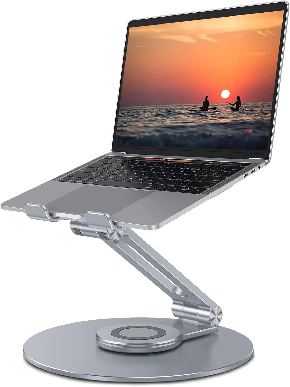 OMOTON Adjustable Laptop Stand with 360 Rotating Base, Ergonomic Laptop Riser for Collaborative Work, Dual Rotary Shaft Fully Foldable for Easy Storage, Fits All Laptops up to 16 inches, Silver