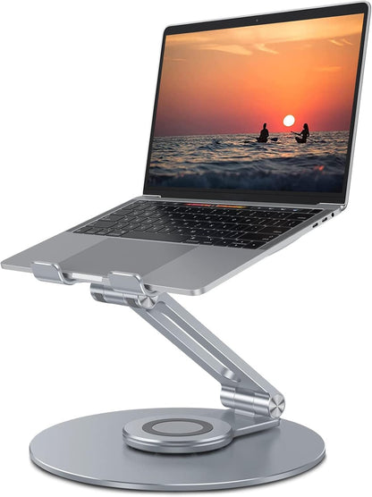 OMOTON Adjustable Laptop Stand with 360 Rotating Base, Ergonomic Laptop Riser for Collaborative Work, Dual Rotary Shaft Fully Foldable for Easy Storage, Fits All Laptops up to 16 inches, Silver