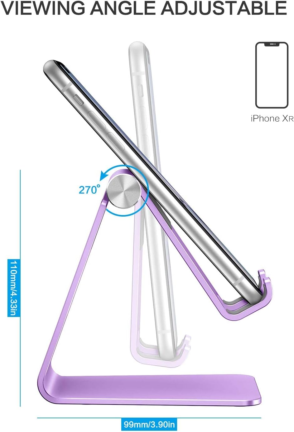 Adjustable Cell Phone Stand, OMOTON Aluminum Desktop Cellphone Stand with Anti-Slip Base and Convenient Charging Port, Fits All Smart Phones, Silver