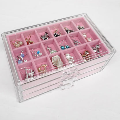 YUFONG Earring Organizer Box Acrylic Jewelry Organizer with 3 Drawers 54 Adjustable Grids Clear Stackable Earring Holder Velvet Trays Ring Display Case for Women Girls (Beige)