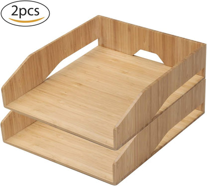 MobileVision 2 Pack Stackable Bamboo Paper Tray Office Organizer for Files, Documents, Letter Sorter, Envelopes and Magazine Holder