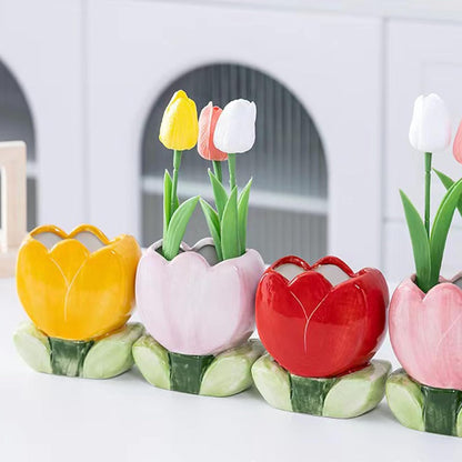 Pen Holder for Desk Cute Toothbrush Holder Tulips Vase Decor Aesthetic Pencil Holder for Office Makeup Brush Holder Yellow Kawaii Desk Accessories Home Decor Birthday Gifts for Women