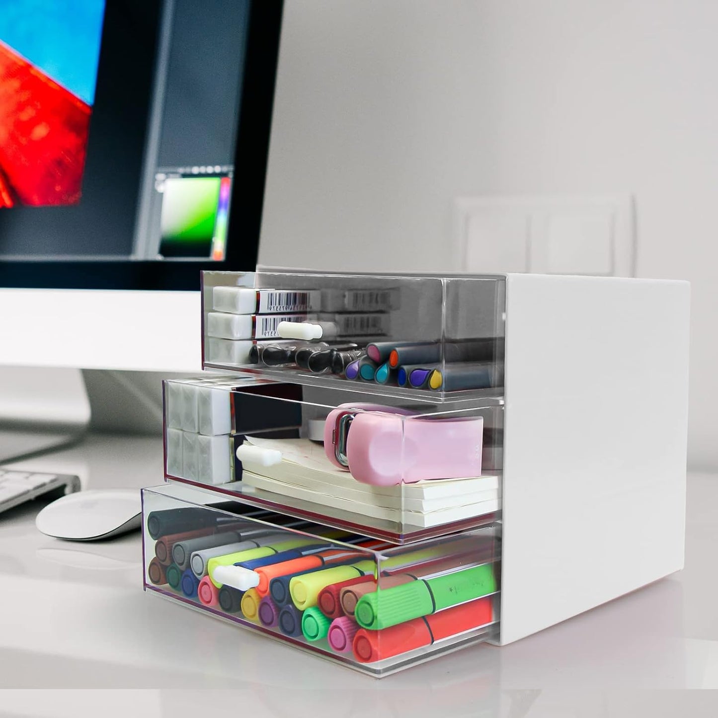 Desk Organizer with Drawer, Desk Storage Box, Plastic Office Stationery Supplies Organizers, Desktop Organizer for Office School Home (4 drawer, Black)
