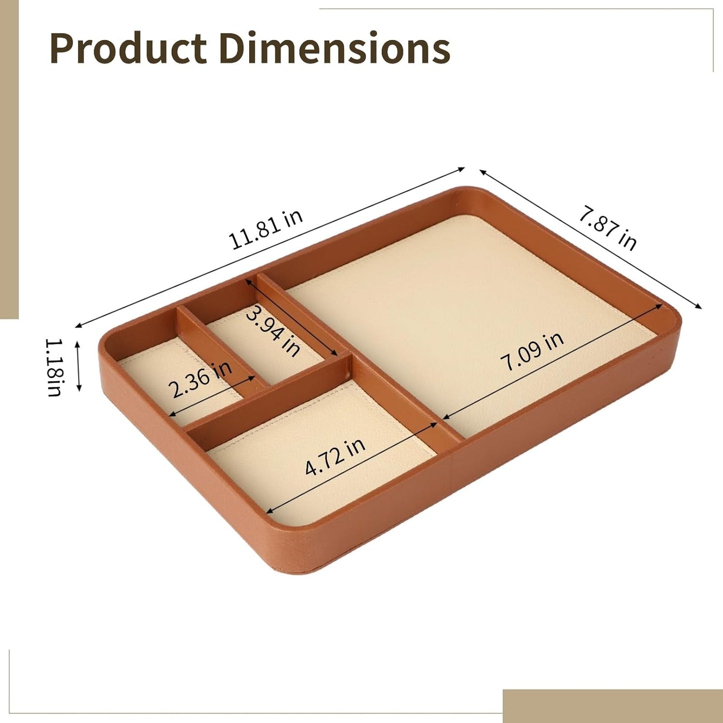Caramel Leather Valet Tray for Men, Vegan Catchall Organizer - Nightstand & Bedside Caddy with 4 Compartments, 11.81"x7.87" Desktop Organizer