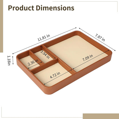 Caramel Leather Valet Tray for Men, Vegan Catchall Organizer - Nightstand & Bedside Caddy with 4 Compartments, 11.81"x7.87" Desktop Organizer
