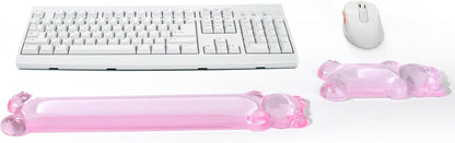 Gel Keyboard and Mouse Wrist Rest Set – Clear Wrist Rest for Computer Keyboard 60%/68%/75%, Comfort & Support for Typing and Gaming(Cute Pink Bear)