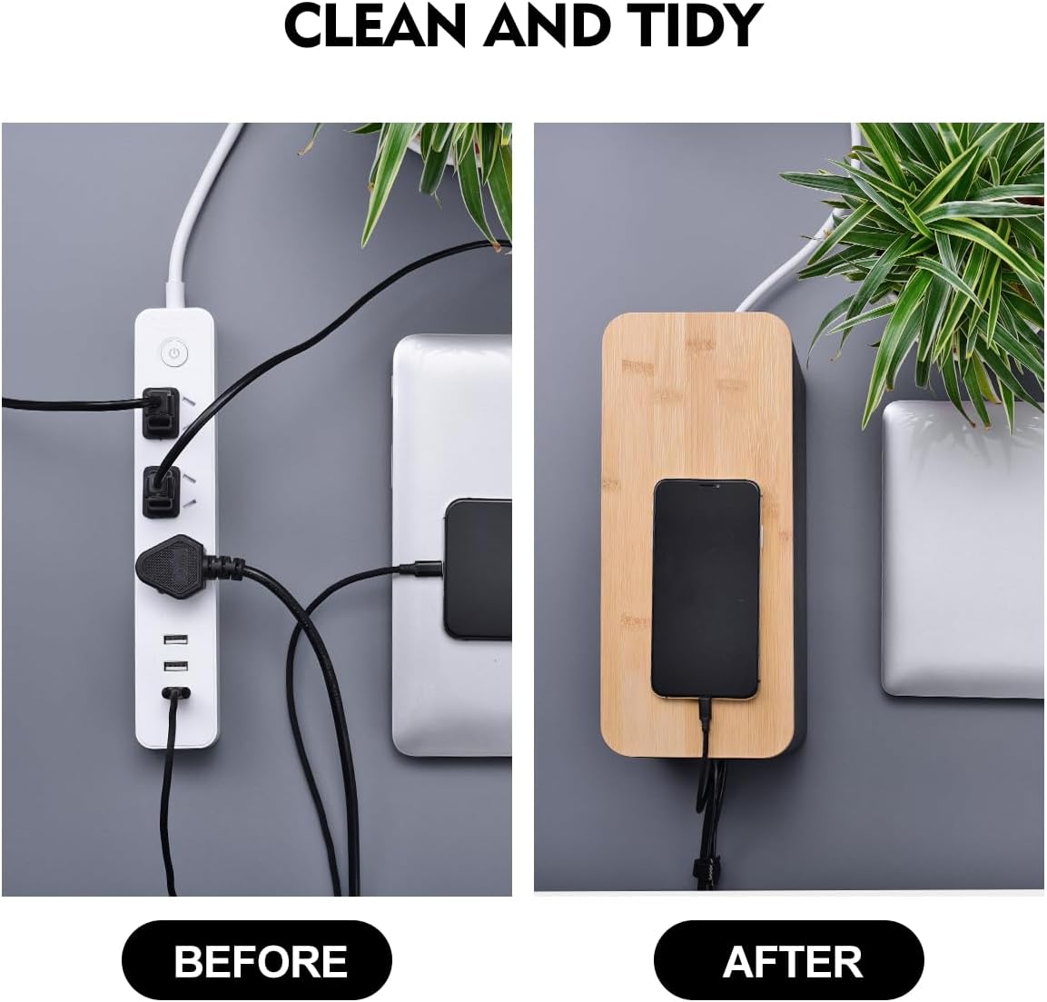 2 Pack Large Cable Management Box – Wooden Style Cord Organizer and Cover for TV Wires, Computer, Router, USB Hub and Under Desk Power Strip – Safe ABS Material and Baby-Pets Proof Lock (White)
