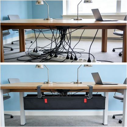 Under Desk Cable Management No Drill – 36" L x 6" W Cord Organizer, Upgraded Silicone Pads (No Scratch), 16 Cable Slots, Washable PE Honeycomb Base, Fits Desks 0–2.1" Thick, Black
