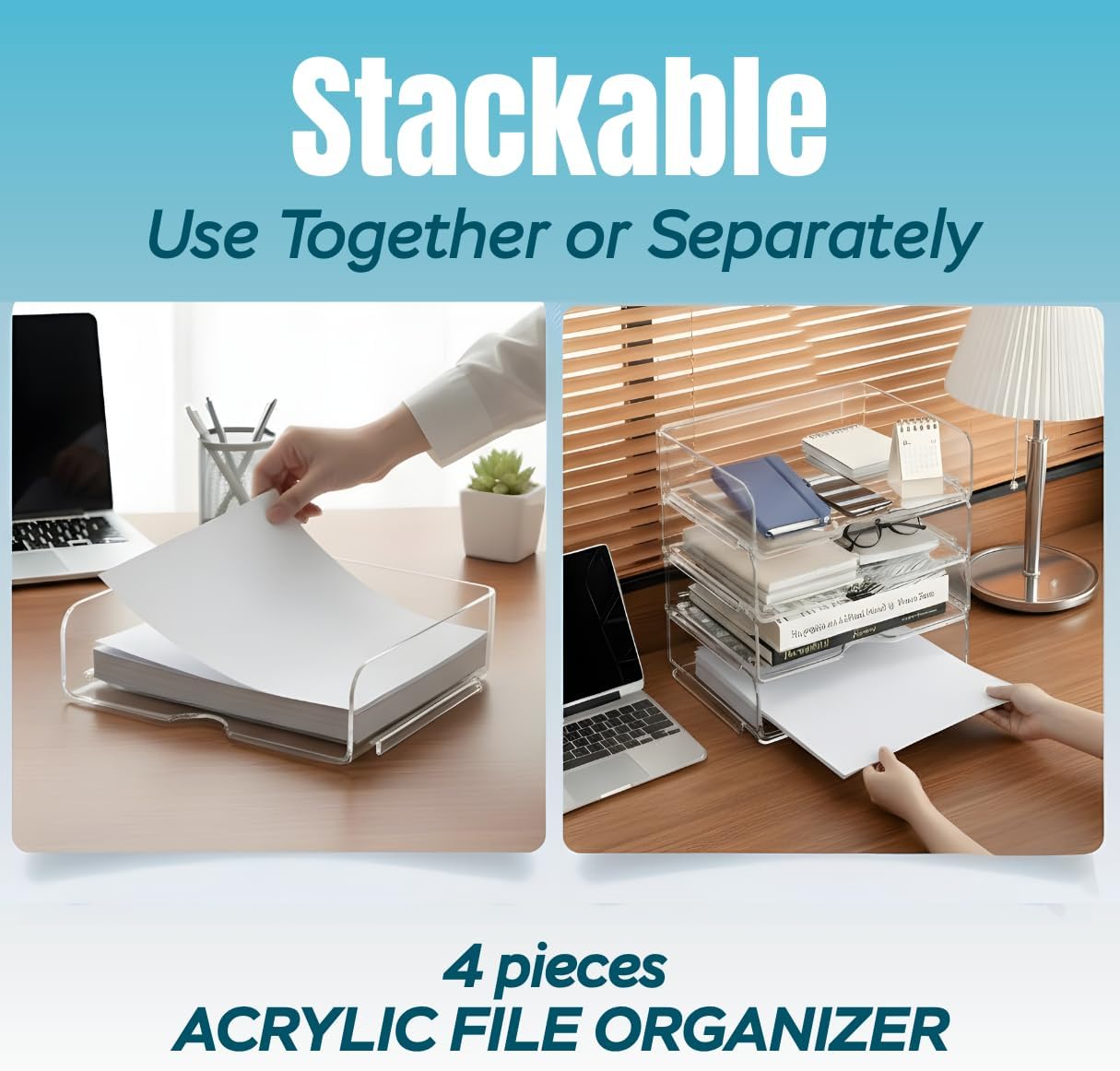 Acrylic File Organizer with 1 Ring Binder, 2 Clear Files & 1 Diary – 4 Tier Stackable Paper Letter Tray Desk Organizer, Clear Document Holder for Letter/A4, Office Files, Notes & Home Office Storage