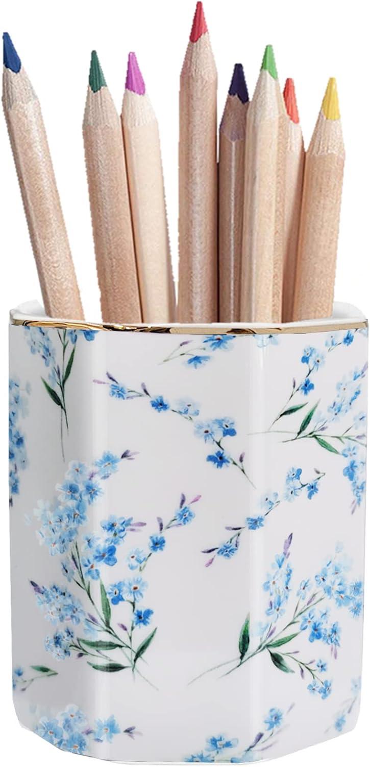 Pencil Holder for Desk Organizer,Ceramic Writing Utensil Storage Organizer Aesthetic Floral Pattern Pen Holder Pen Cup Makeup Brush Holder Creative Gift for Desktop Supplies,School Life Blue
