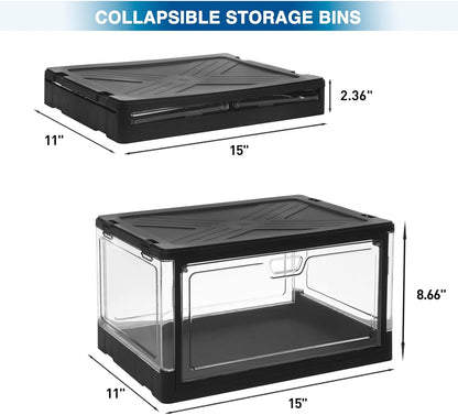 HYBRIDEAS 3-Pack Clear Stackable Storage Bins with Lids Magnetic Doors Open Front Foldable Folding Plastic Craft Containers Large Closet Organizers Box for Bedrooms Living Rooms Study Kids' Toys 24 QT