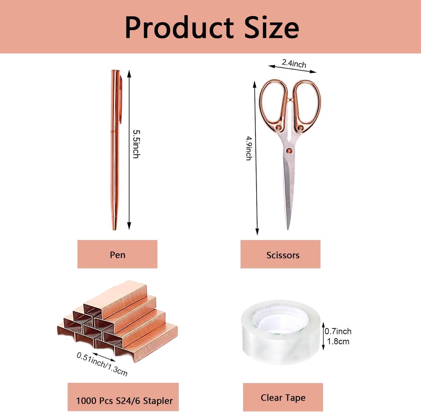 suniya Office Supplies,Gold Desk Accessories,with Stapler,Tape Dispenser,Pen Holder,Scissors,Phone Stand,Staple Remover,Ballpoint Pen,Clear Tape, Staples,Ruler,Clips,Best Gift for Business or Boss