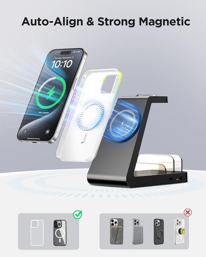 Charging Station for iPhone,5 in 1 Wireless Charger Stand Dock for Apple: Mag-Safe Charging Station for Multiple Devices Apple iPhone 17 16 15 14 13 12 Pro Max Plus iWatch Airpods
