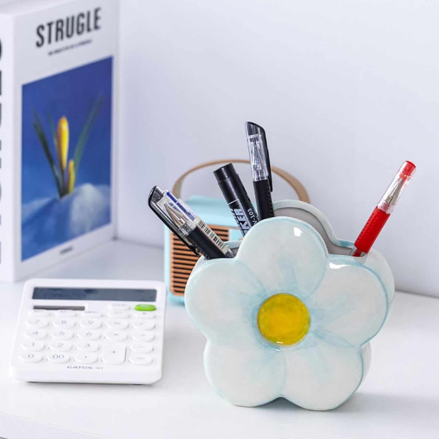Pink Pencil Holder Pen Holder Office Desk Accessories Aesthetic Cute Flower Home Decor Makeup Brush Holder Vase Birthday Gifts for Women Vanity Toothbrush Holder Kawaii Kitchen Utensil Holder
