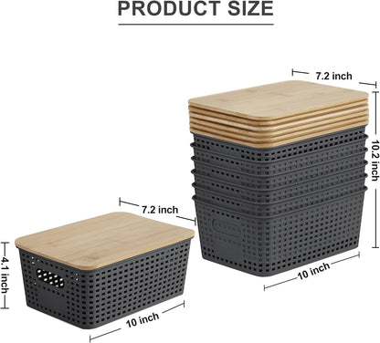 Bagnizer Small Plastic Storage Bins with Bamboo Lids 5.2qt Stackable Box Basket Pantry Decorative Containers Cute with Labels for Organizing Desktop Closet Office Cream White of 6 packs 10*7.2*4.1"