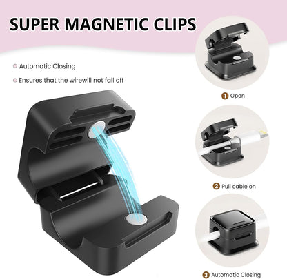 6Pcs Black Magnetic Cable Organizer - Adhesive Cord Clips for Desk Home, Easy Wire Management for Computer Cables