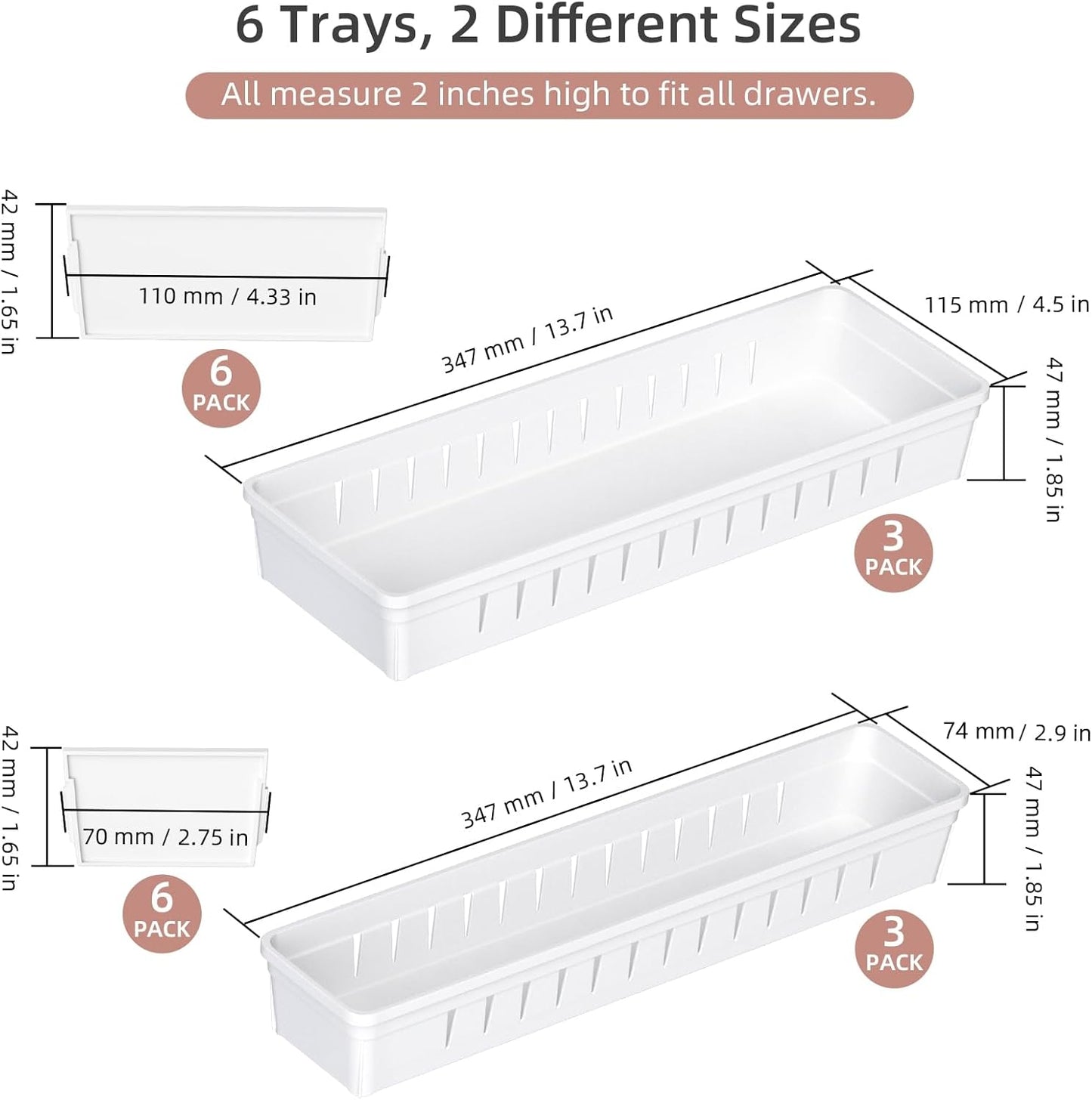 Desk Drawer Organizer Tray, 4 Pack Expandable Drawer Organizer with Dividers Adjustable, Bathroom Organizer Bins for Junk, Office, Makeup, Kitchen Utensil