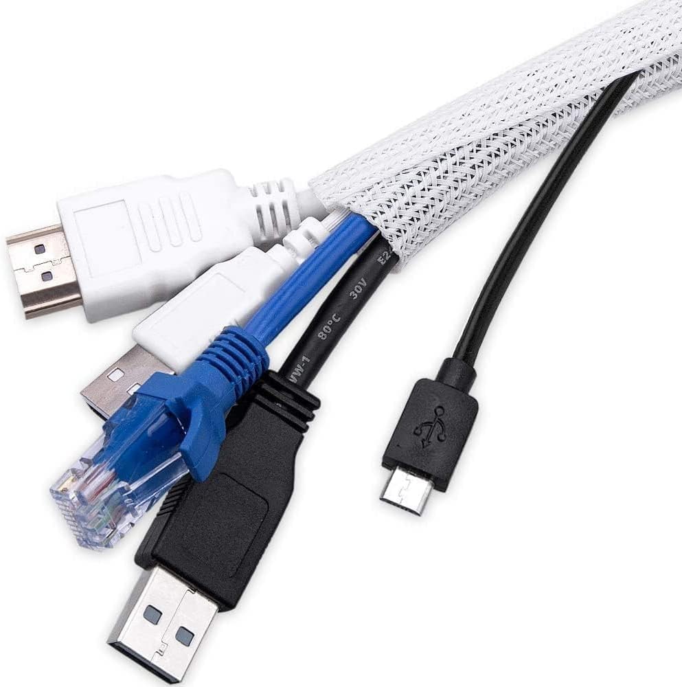 AGPTEK White Cable Sleeve, 2 Pack 5ft - 1.2 Inch Cable Management, Desk Cord Cover Organizer Wire Hider for Computer TV Wire Loom Tubing, Pet Proof Cord Protector from Cat Dog Chewing, White