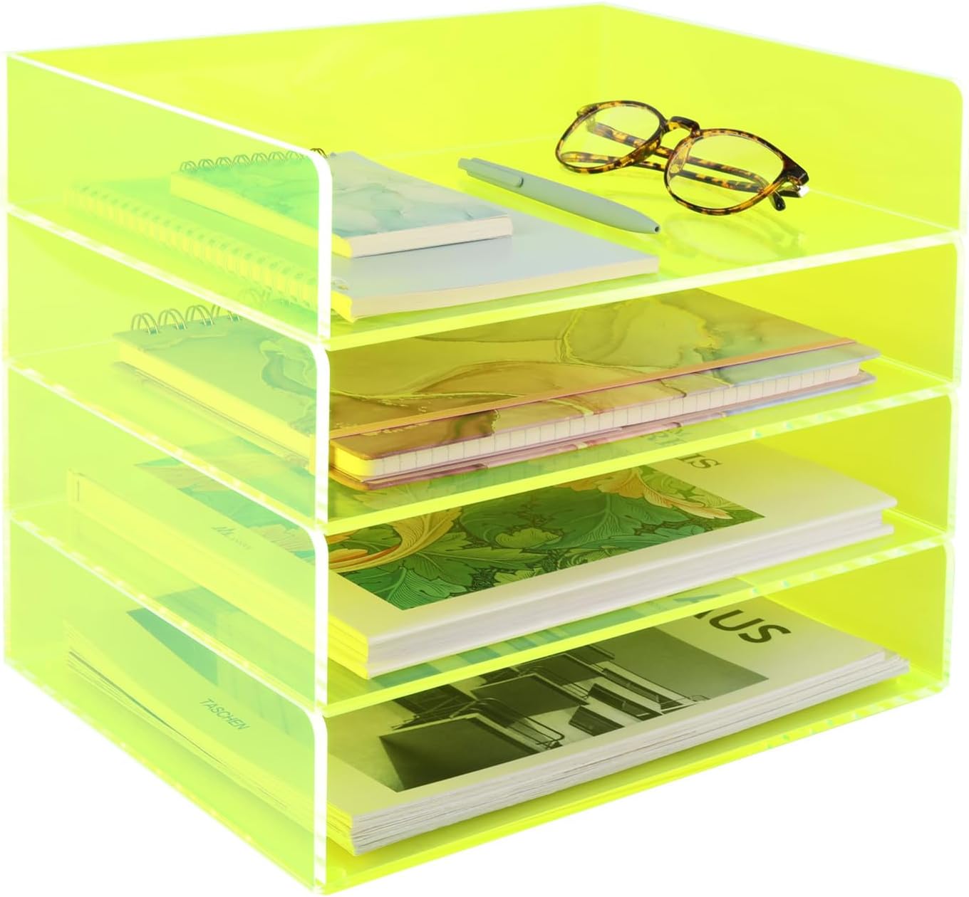 Gelite Acrylic File Organizer for Desk 4 Tiered Stackable Letter Tray Office Paper Storage Desktop Document Sorter, Neon Pink