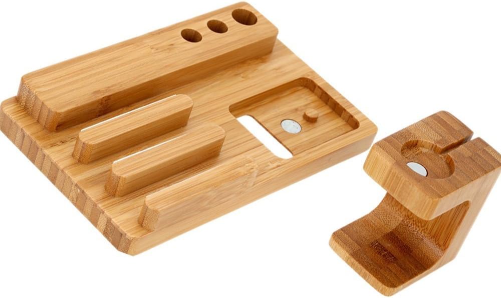 Bamboo Wood Multi-Device Desktop Charging Dock Station Charger Holder Cradle Charge Stand for iPhone 16 15 14 13 12 11 Pro Max iWatch 2 3 4 5 Compatible with iPad Mini Air Pro 2 3 Smartphones