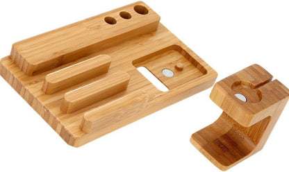 Bamboo Wood Multi-Device Desktop Charging Dock Station Charger Holder Cradle Charge Stand for iPhone 16 15 14 13 12 11 Pro Max iWatch 2 3 4 5 Compatible with iPad Mini Air Pro 2 3 Smartphones
