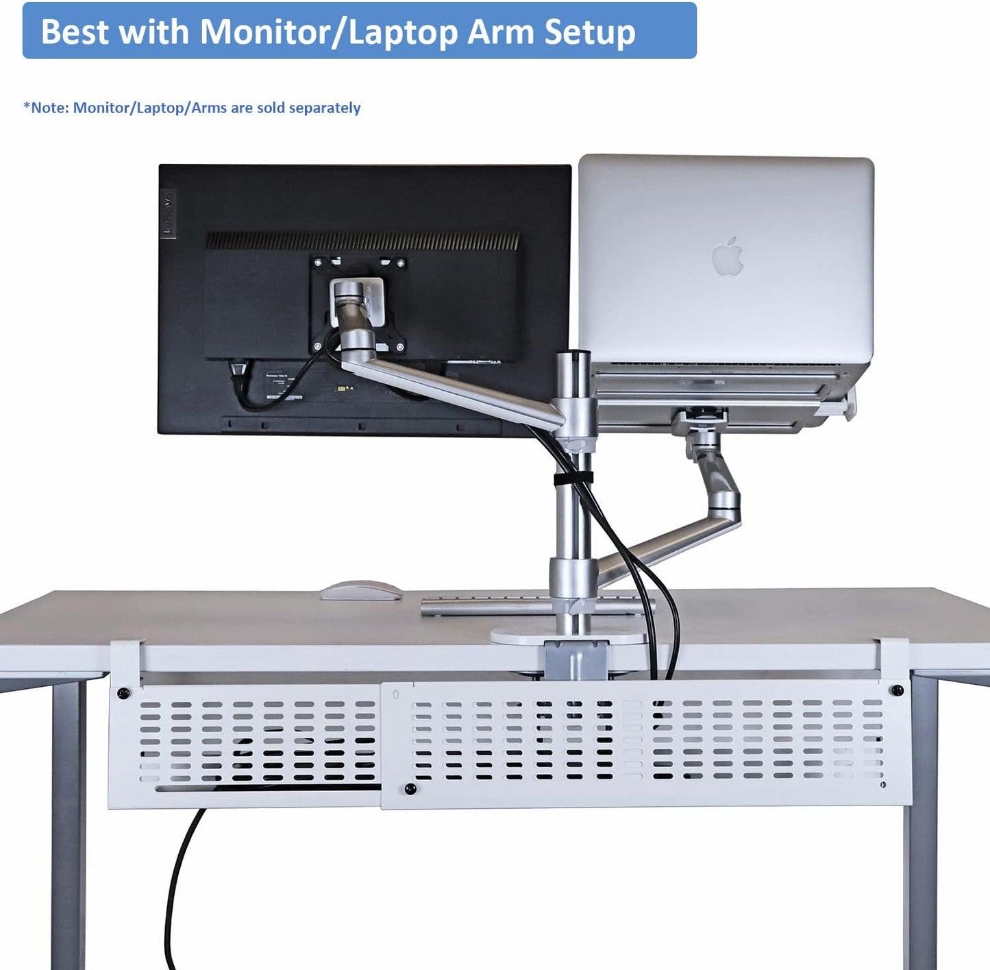 AEONS Under Desk Cable Management Tray Kit - Horizontal Adjustable up to 41” Removable C Clamp Mount Reversible Computer Cord Raceway and Modesty Panel for Large Table, Black