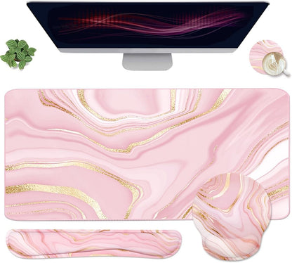Memory Foam Ergonomic Keyboard Wrist Rest Pad and Mouse Wrist Rest Support Mouse Pad Set for Office Gaming Easy Typing-Pink Fluid