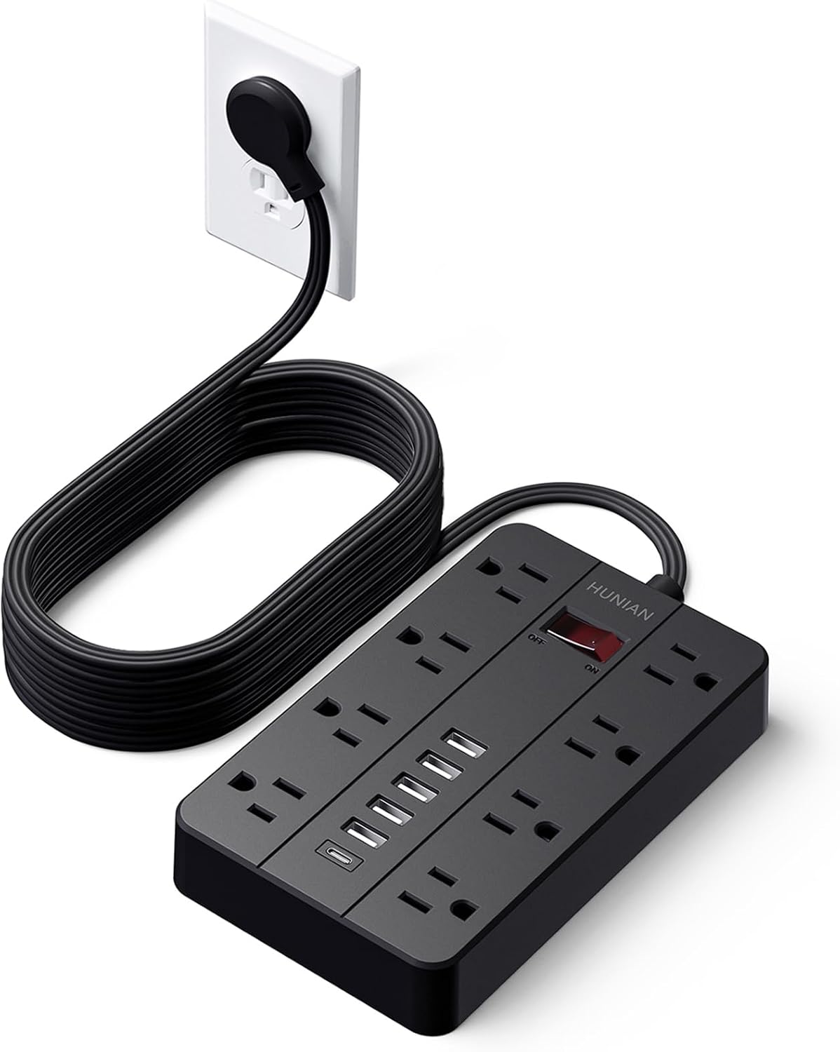 Power Strip with USB, Flat Plug Extension Cord Surge Protector 5 Ft, HUNIAN Power Strip with 8 Widely Spaced Outlets 6 USB Charger (1 USB C Port), Desk Charging Station for Home Office, White