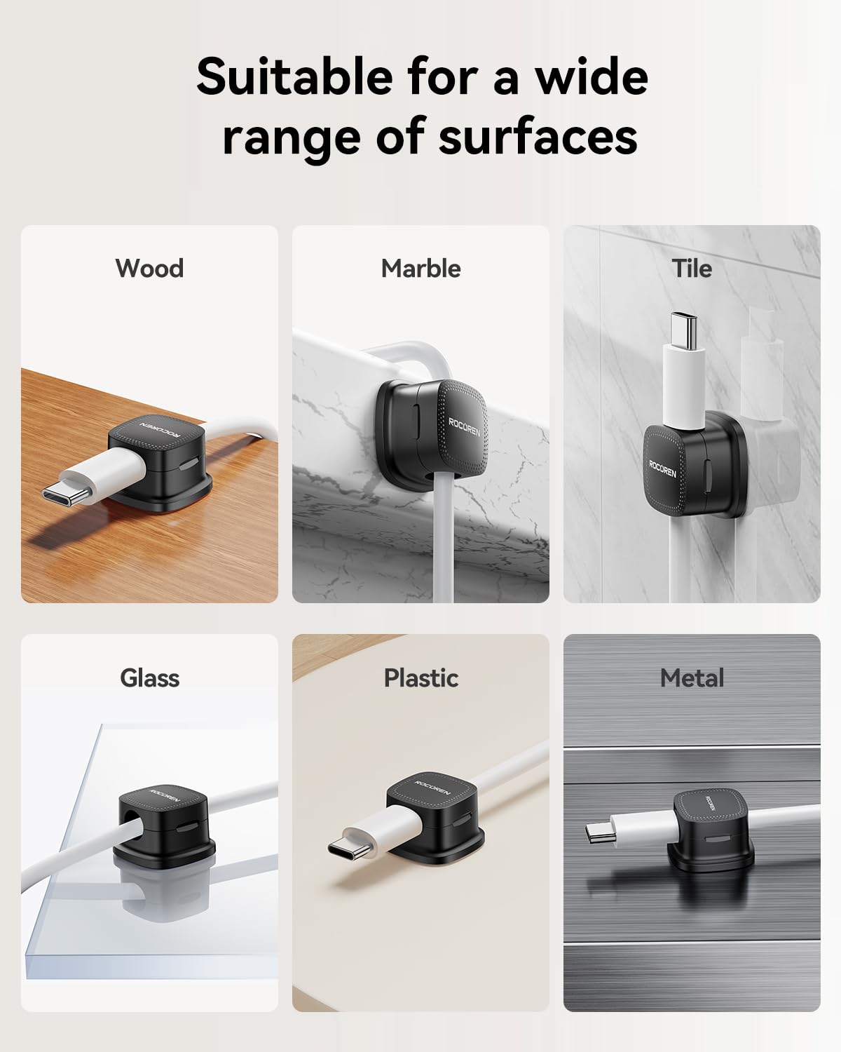 6-Pack Magnetic Cable Clips, Rocoren Smooth Adjustable Adhesive Cord Organizer, Desk Cable Management Wire Holder Keeper Cables Staples for Nightstand Home Office Desk Car Phone Wall Desktop