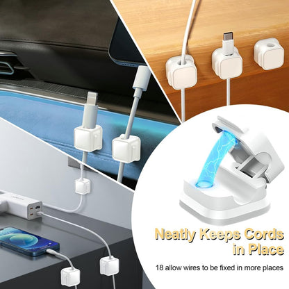 18 Pack Cord Organizer Holder,Magnetic Cable Clips Management, Easy Adhesive Phone USB Charger Cord Keeper, Hide Or Organize Desk Cable for Kitchen, Office, Car, Nightstand （Black）