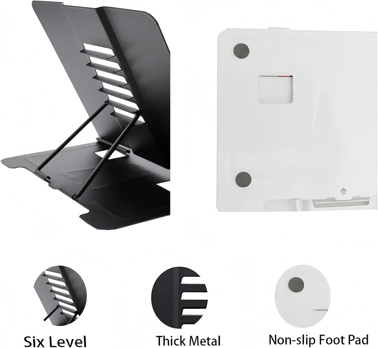 Azheeujy Metal Book Stand Folding Reading Book Holder with 6 Adjustable Angles and Paper Page Clip,Sturdy Desktop Book Holder for Cookbook,Magazine,Textbooks,Document,Music Book,Laptop,Tablet (Black)
