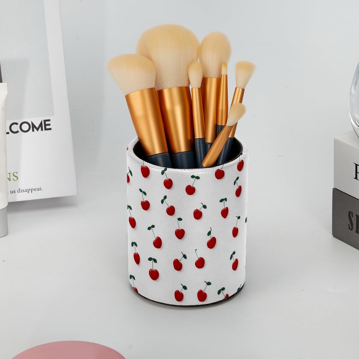 Leather Pen Holder for Desk, Love Cherry Pencil Organizer Pencil Cup Desk Decor Makeup Brush Holder Multifunctional Office Supplies for Home,Office, School