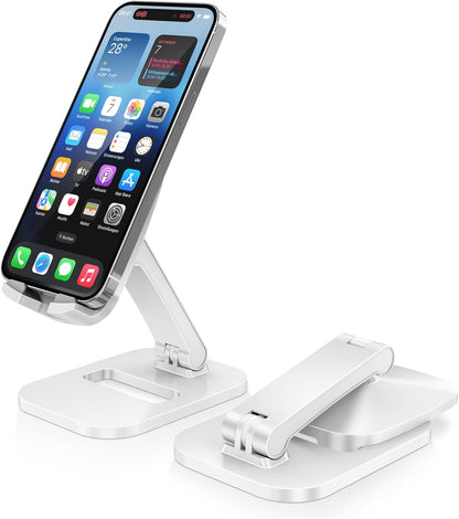 Cell Phone Stand for Desk, Foldable & Adjustable Aluminum Phone Holder Dock - Portable Travel Case Friendly Desktop Cradle for iPhone 17 16 Pro Max Plus Air, Samsung S25 S24, Kindle（White）