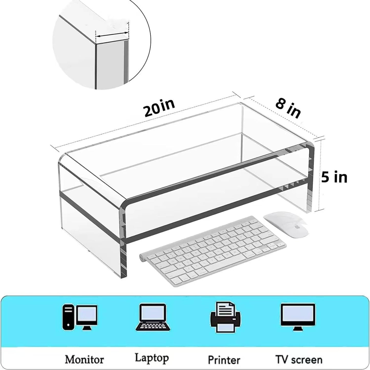 Acrylic Monitor Stand, 2 Tier Riser with Storage Shelf, Clear, 16/20 Inch, Home Office Desk Organizer (16in)