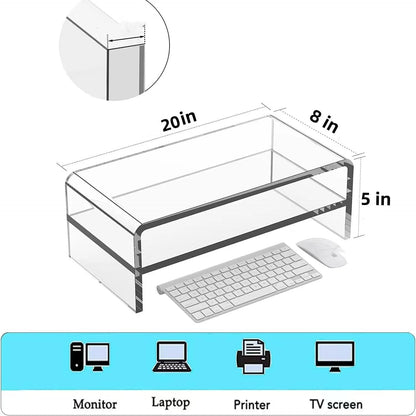 Acrylic Monitor Stand, 2 Tier Riser with Storage Shelf, Clear, 16/20 Inch, Home Office Desk Organizer (16in)