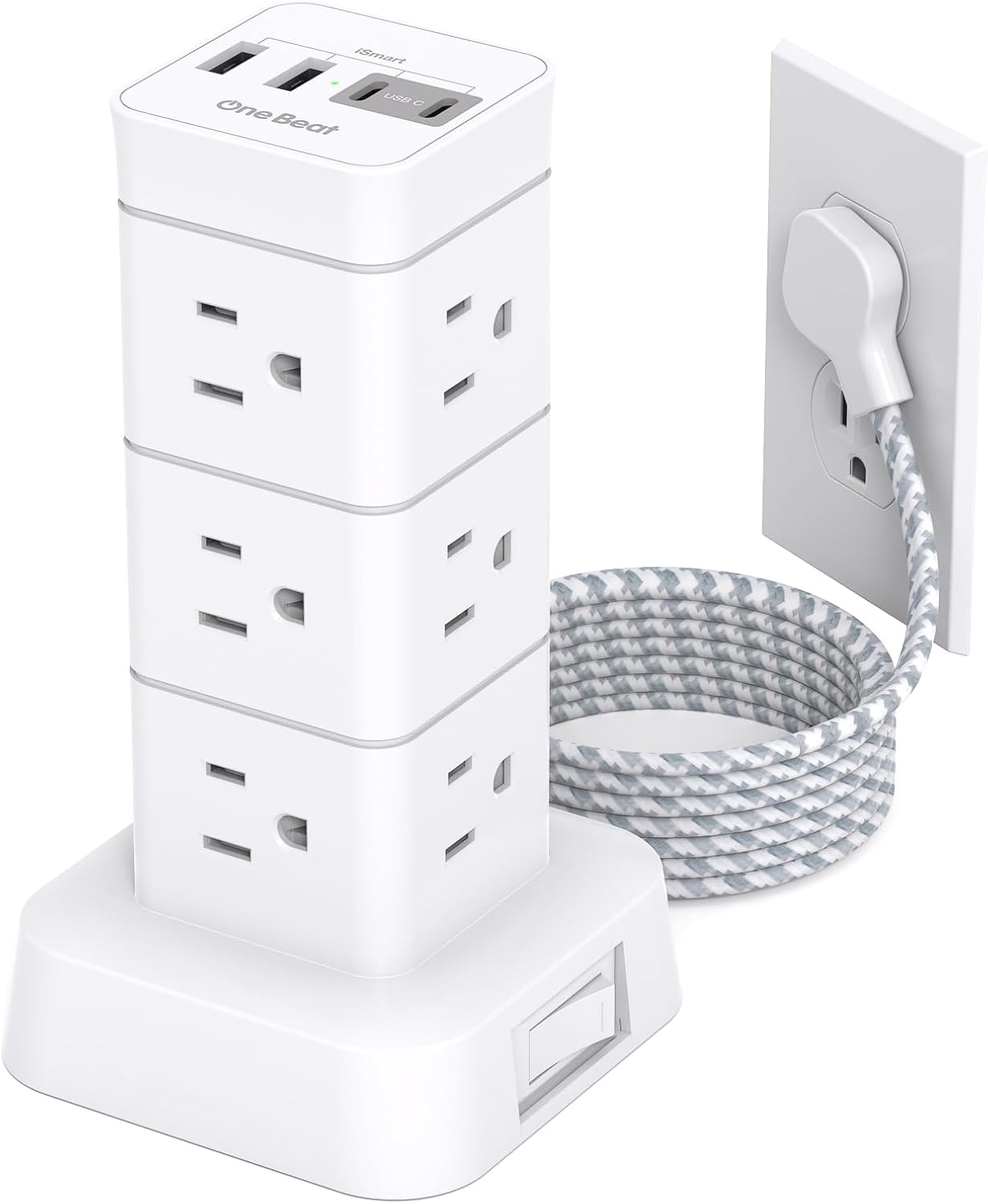 Surge Protector Power Strip Tower, 12 Outlets 4 USB (2 USB C) Desktop Charging Station for Multiple Devices, 6Ft Flat Plug Extension Cord with Multiple Outlets, Home Office College Dorm Essentials