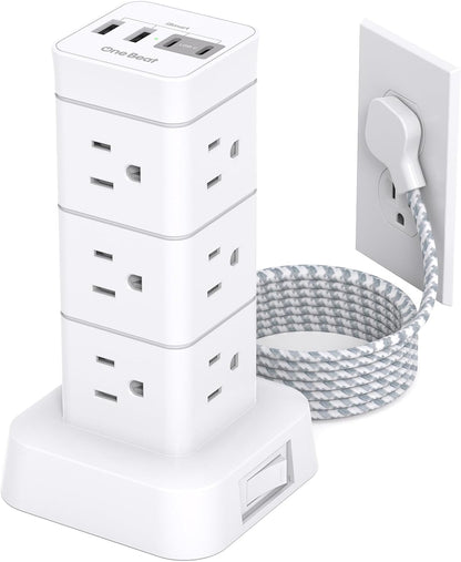 Surge Protector Power Strip Tower, 12 Outlets 4 USB (2 USB C) Desktop Charging Station for Multiple Devices, 6Ft Flat Plug Extension Cord with Multiple Outlets, Home Office College Dorm Essentials
