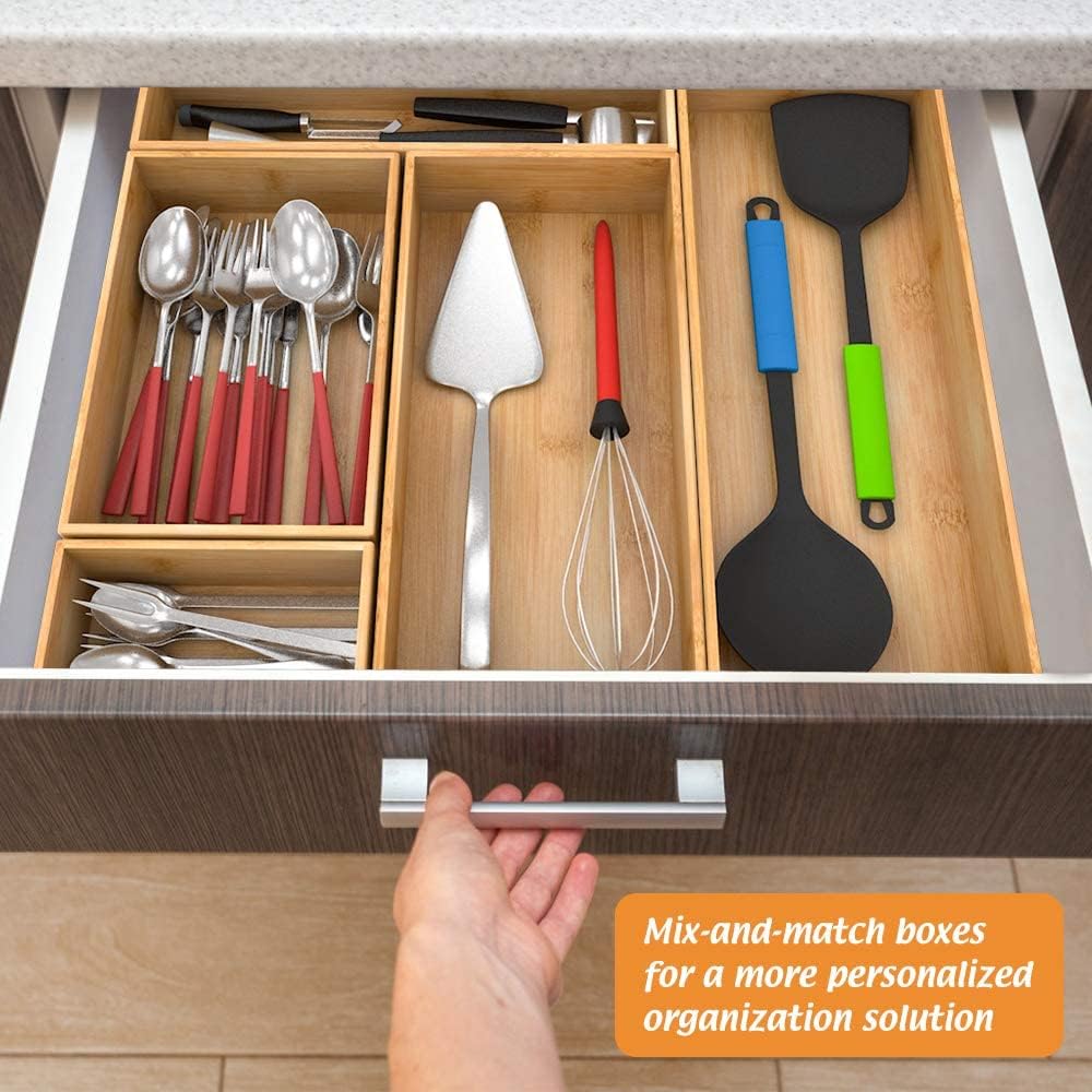 Black Bamboo Drawer Organizer - Silverware&Utensil Holder Organizer for Kitchen Drawers, Multi-Use Drawer Dividers Boxes for Bathroom Counter，Cabinet, Garage, Office Desk, Makeup, Jewelry (12"3"2.5")