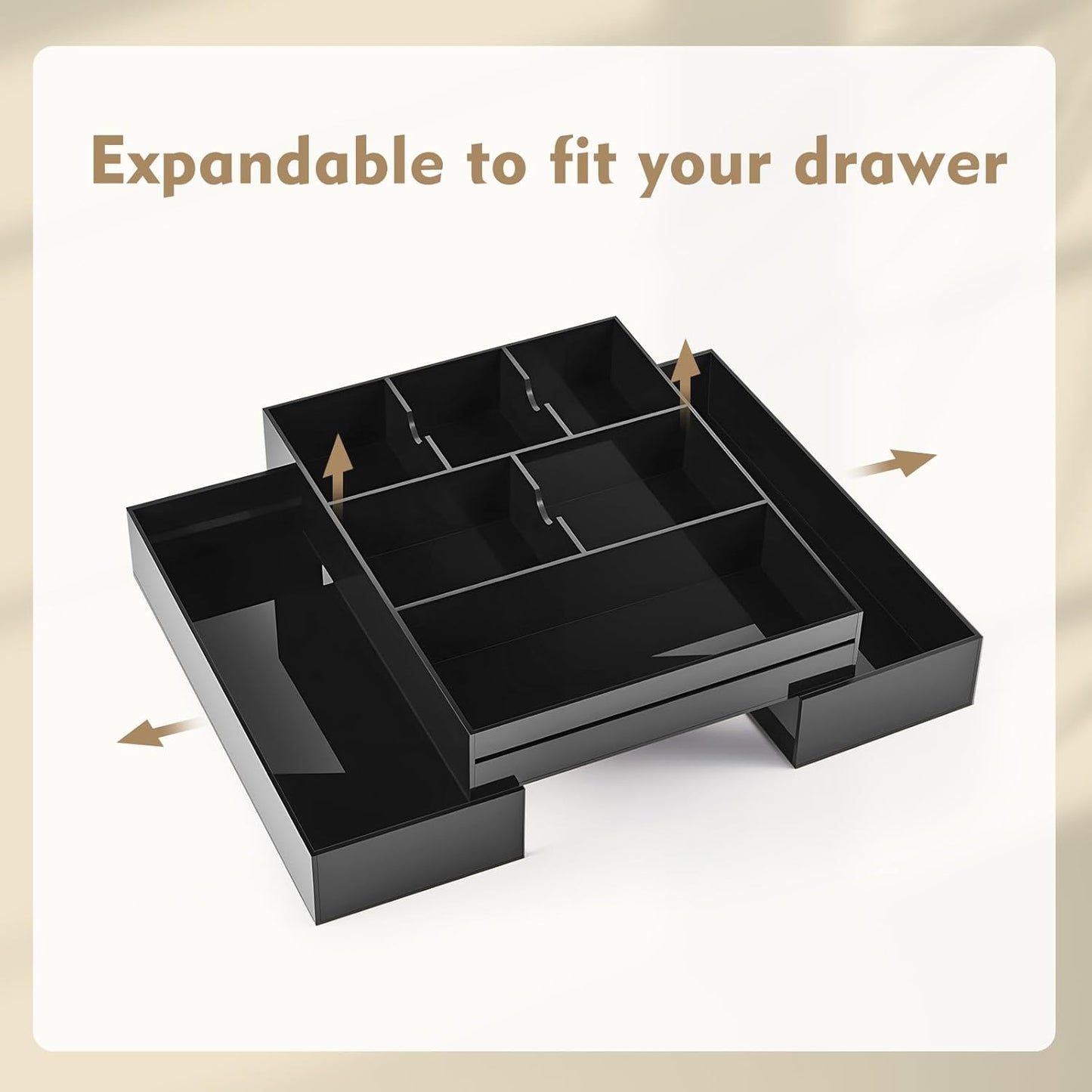Briwooody 1 Pcs Acrylic Desk Drawer Organizer 9'' up to 16'' x 12'' x 2.2'' Expandable Drawer Organizer Trays with 10 Adjustable Compartments Clear Desk Accessories for Makeup Office Bathroom