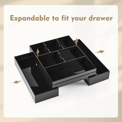Briwooody 1 Pcs Acrylic Desk Drawer Organizer 9'' up to 16'' x 12'' x 2.2'' Expandable Drawer Organizer Trays with 10 Adjustable Compartments Clear Desk Accessories for Makeup Office Bathroom