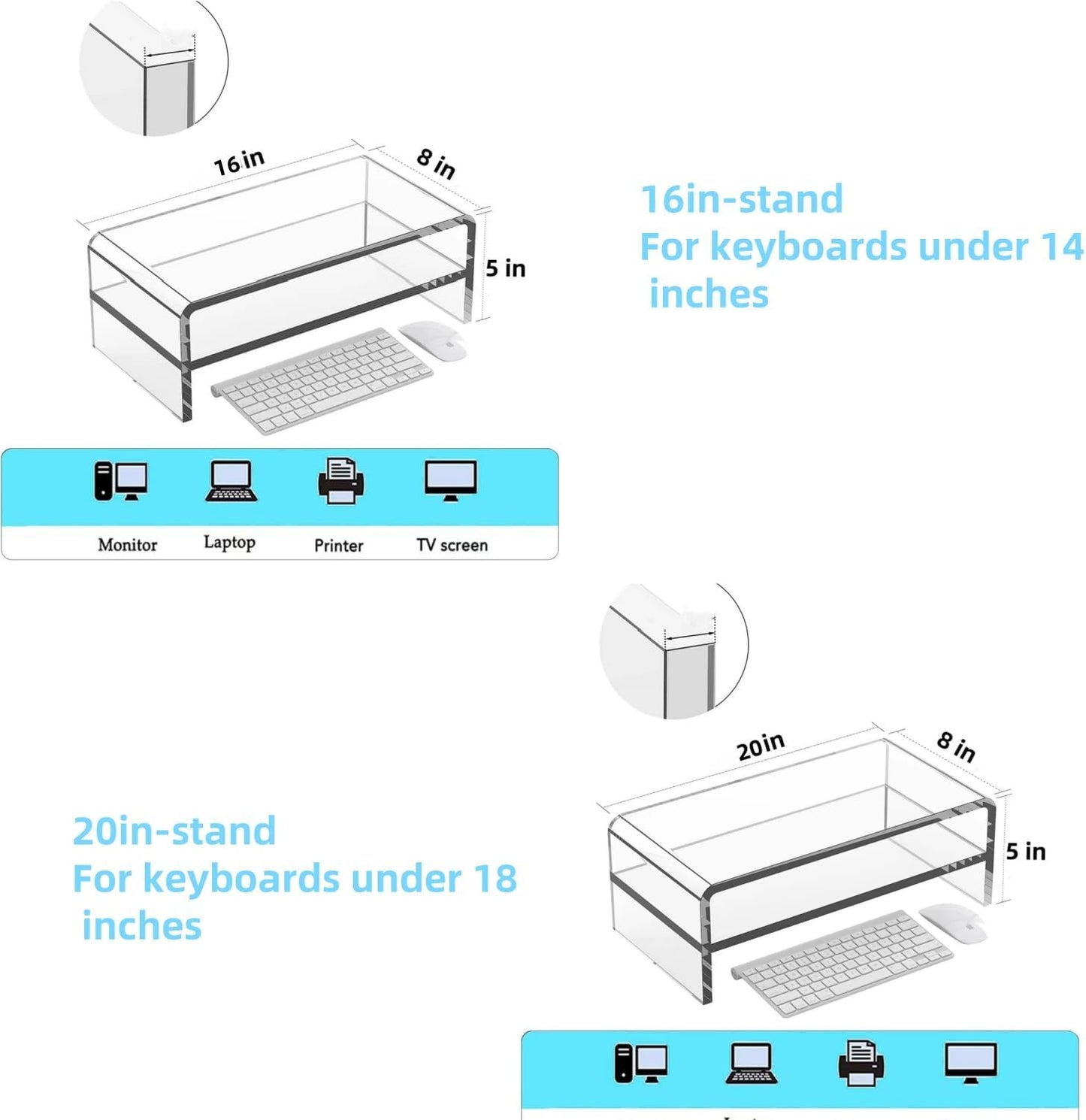 Acrylic Monitor Stand, 2 Tier Riser with Storage Shelf, Clear, 16/20 Inch, Home Office Desk Organizer (16in)