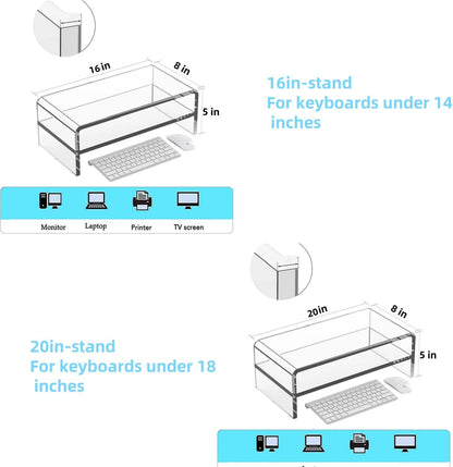 Acrylic Monitor Stand, 2 Tier Riser with Storage Shelf, Clear, 16/20 Inch, Home Office Desk Organizer (16in)
