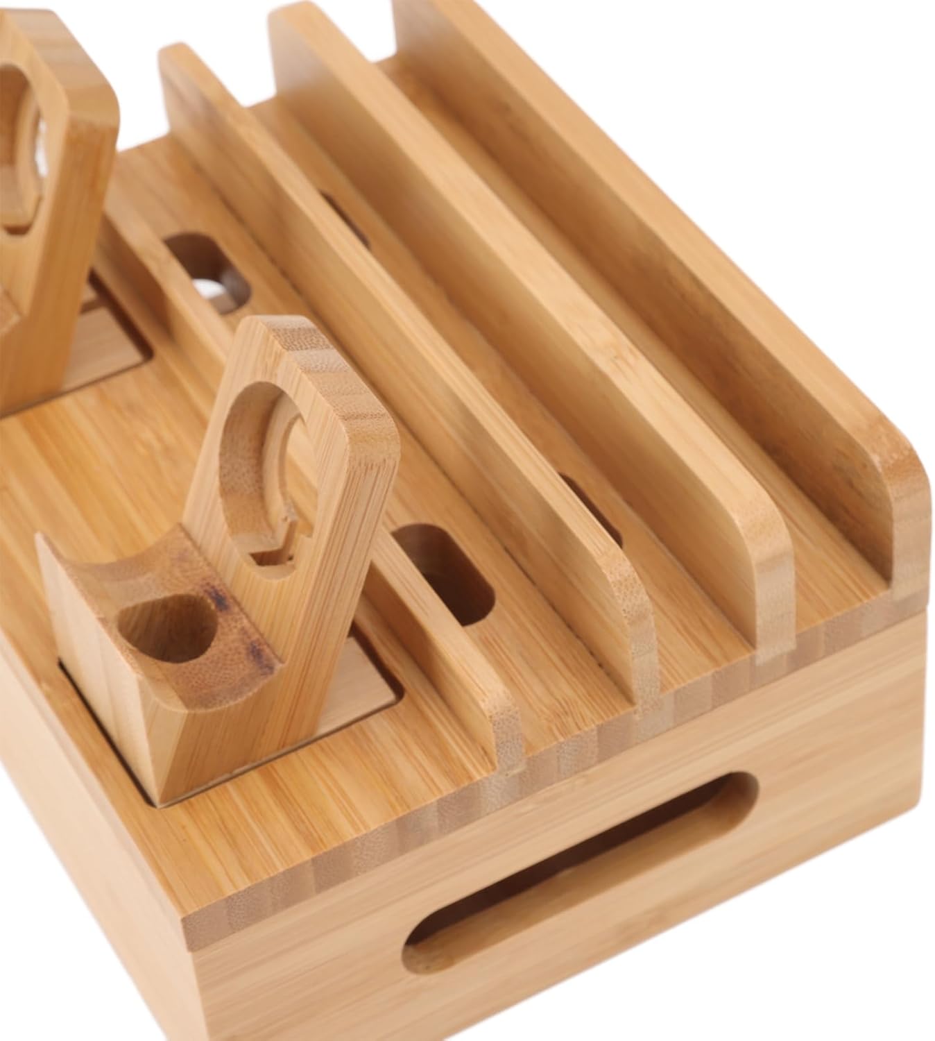 Bamboo Charging Station for Multiple Devices with 5 Port USB Charger, Electronic Device Desktop Dock Stations Organizer for iPads, Laptops, Tablets, Watch (Wooden)