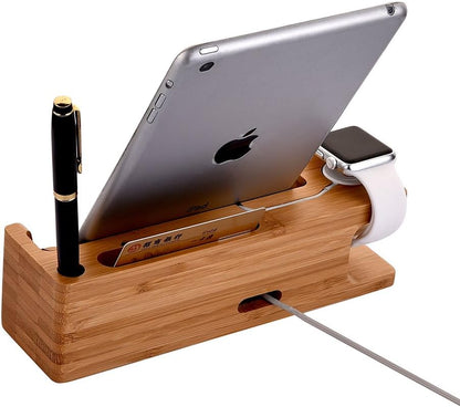 MOOZO Bamboo Wood Desktop Charging Dock Station Charger Holder Cradle Stand Compatible iPhone 16 15 14 13 12 11 Pro Max Apple Watch 2 3 4 / iWatch Samsung Galaxy S8 S7 S6 Edge Plus LG HTC Smartphones