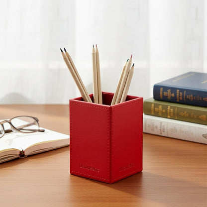 UnionBasic Square Pen Holder, Leather Pencil Cup, Desktop Caddy Stationery Organizer, Beige