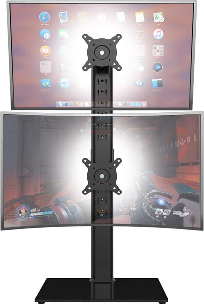 Dual Monitor Stand - Vertical Stack Screen Free-Standing Monitor Riser Fits Two 13 to 34 Inch Screen with Swivel, Tilt, Height Adjustable, Holds One (1) Screen up to 44Lbs HT05W-002 White