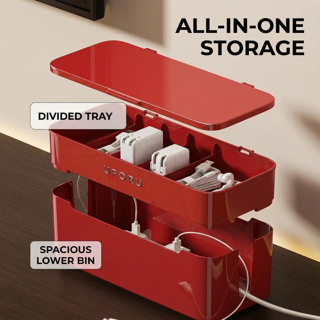 2-Tier Rolling Cable Management Box with Wheels (Large) – Mobile Power Strip Hider & Cord Organizer – Under Desk Wire Concealer & Charging Station Organizer – Baby & Pet Proof Safety (Retro Red)