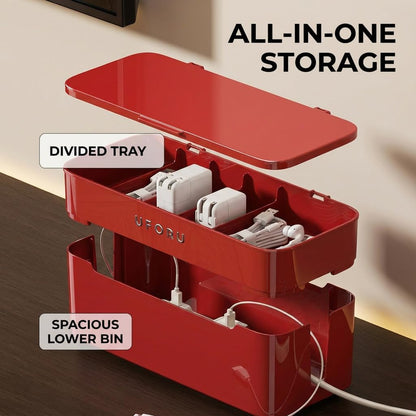 2-Tier Rolling Cable Management Box with Wheels (Large) – Mobile Power Strip Hider & Cord Organizer – Under Desk Wire Concealer & Charging Station Organizer – Baby & Pet Proof Safety (Retro Red)