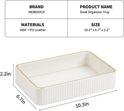 Desk Organizer Tray, PU Leather Nightstand Organizer Perfume Valet Tray for Men Women, Decorative Vanity Trays Trinket Dish Key Bowl for Entryway Table (2pcs, Ivory, Large+Small)