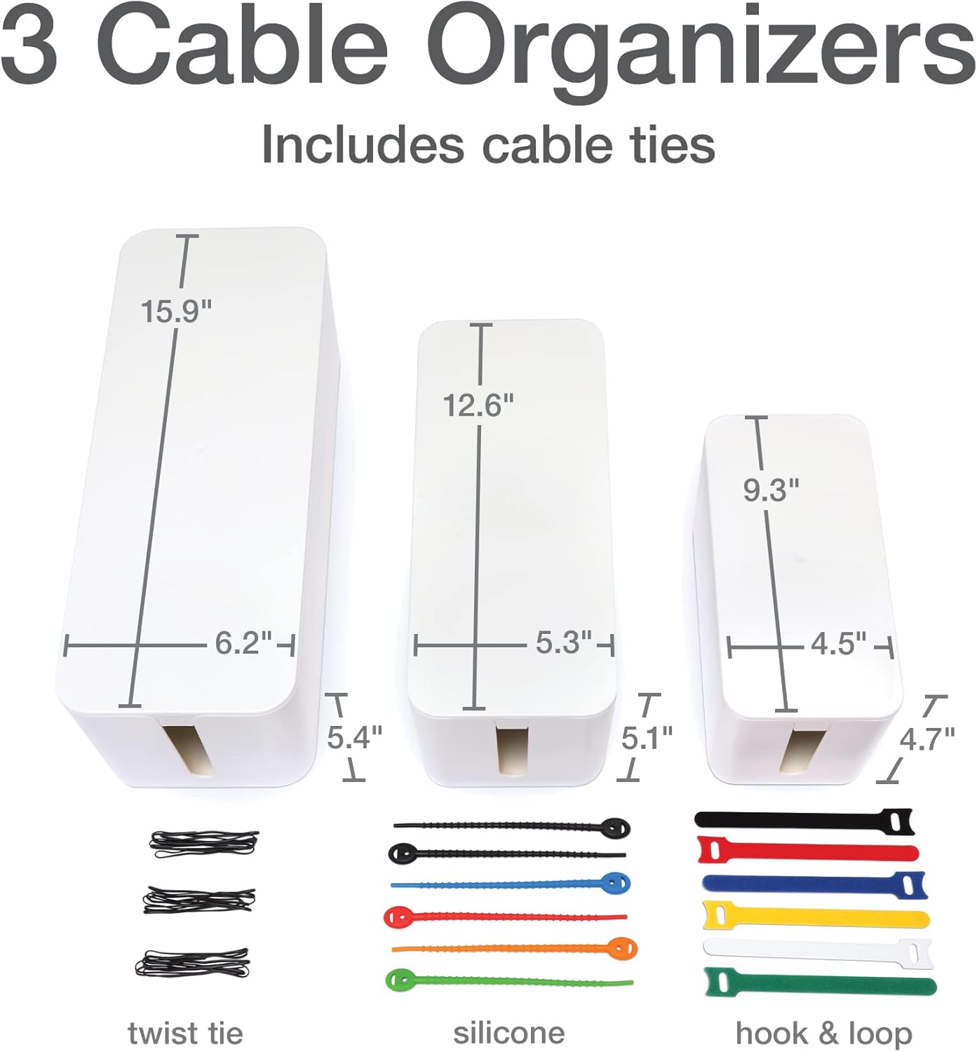 Oxford Cable Management Boxes, 3 Pack, Small, Medium, Large, 15 Cable Ties (Hook & Loop, Silicone,Twist Ties), Power Strip Organizer, White (27800)